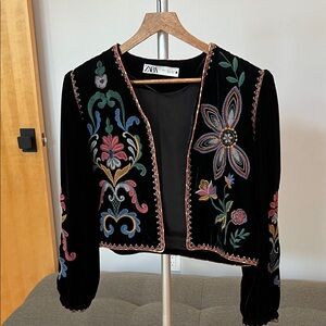 Zara Black Velvet Jacket with Multicolor Embroidery